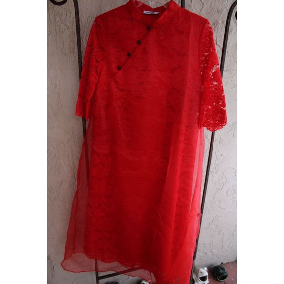 Too Tang Red Asian Style Dress Red Lace Size Large L 88074 Sheer Overlay - Picture 5 of 11